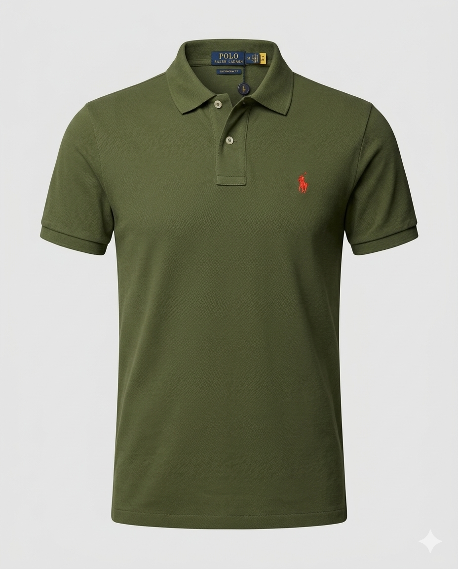 Polo Ralph Lauren Custom Fit - Poney Laranja - Verde Militar