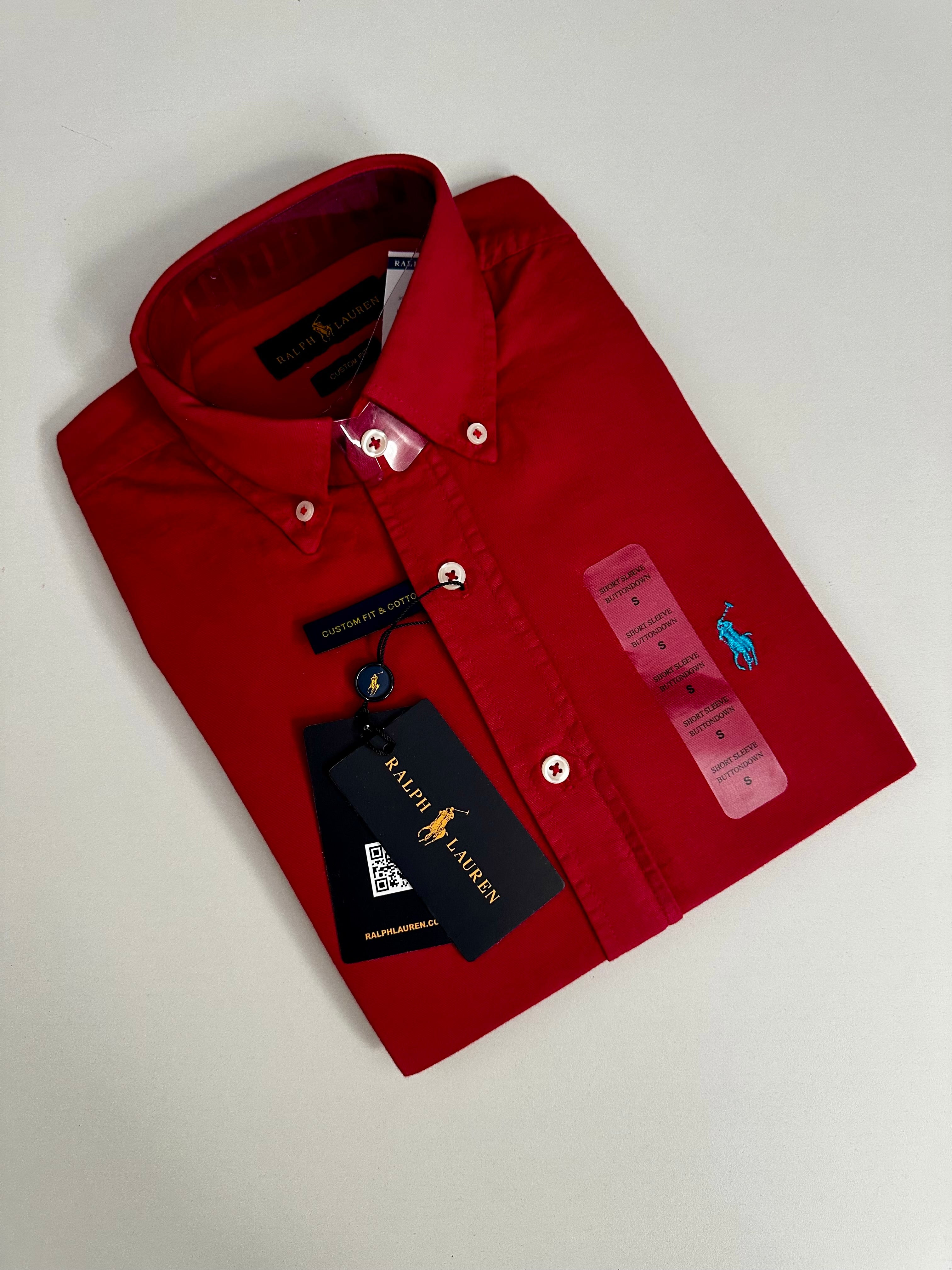 CAMISA RALPH LAUREN CUSTOM FIT MANGA CURTA - VEMELHA COM PONEI AZUL