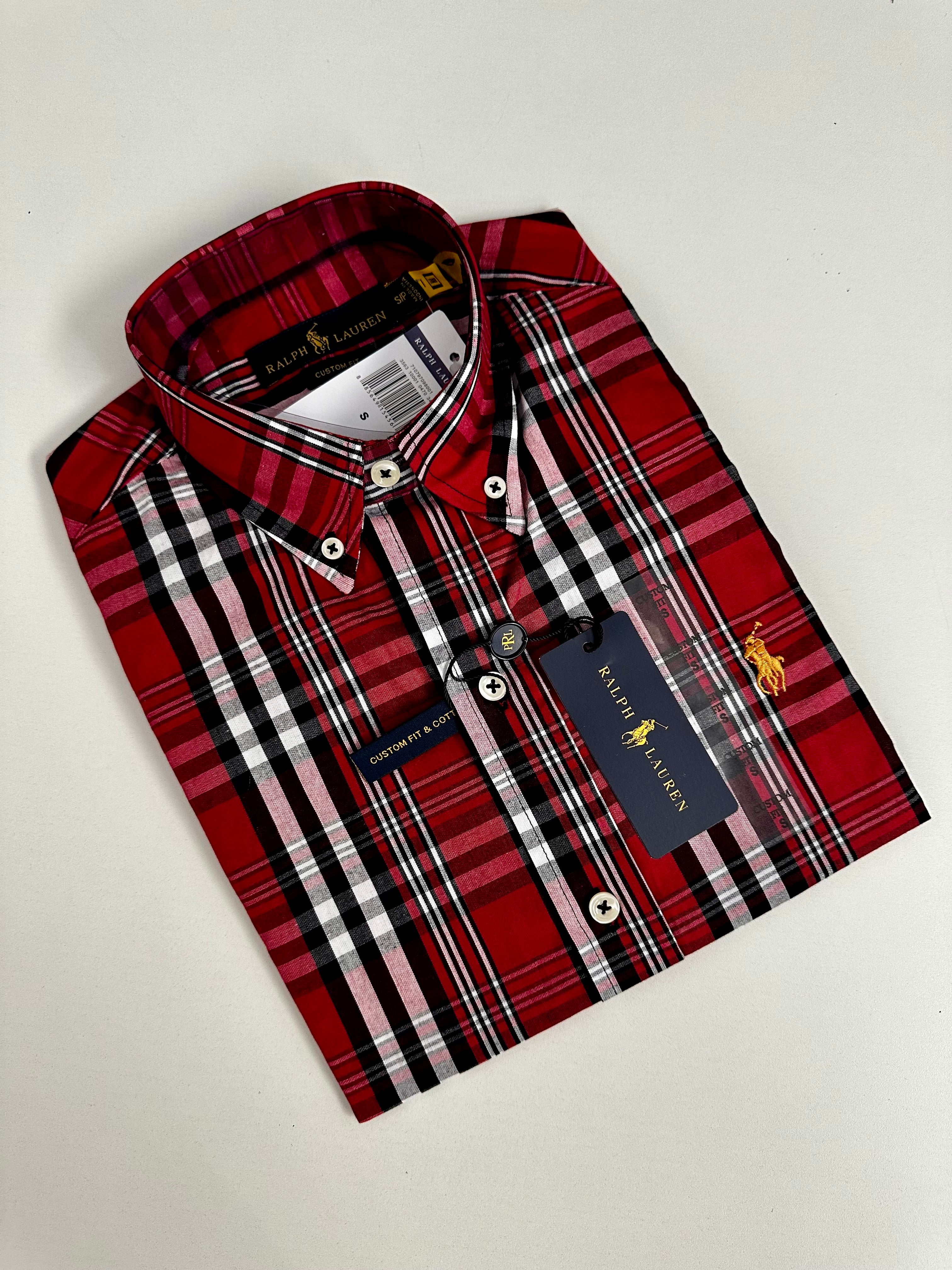 CAMISA RALPH LAUREN CUSTOM FIT MANGA CURTA - XADREZ VERMELHO