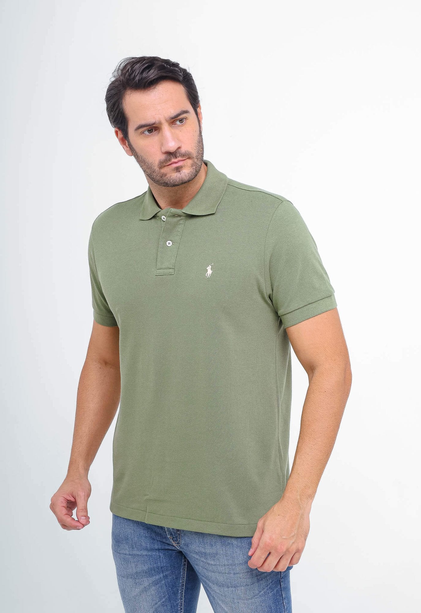 POLO RALPH LAUREN CUSTOM FIT - PONEY BRANCO - VERDE MUSGO