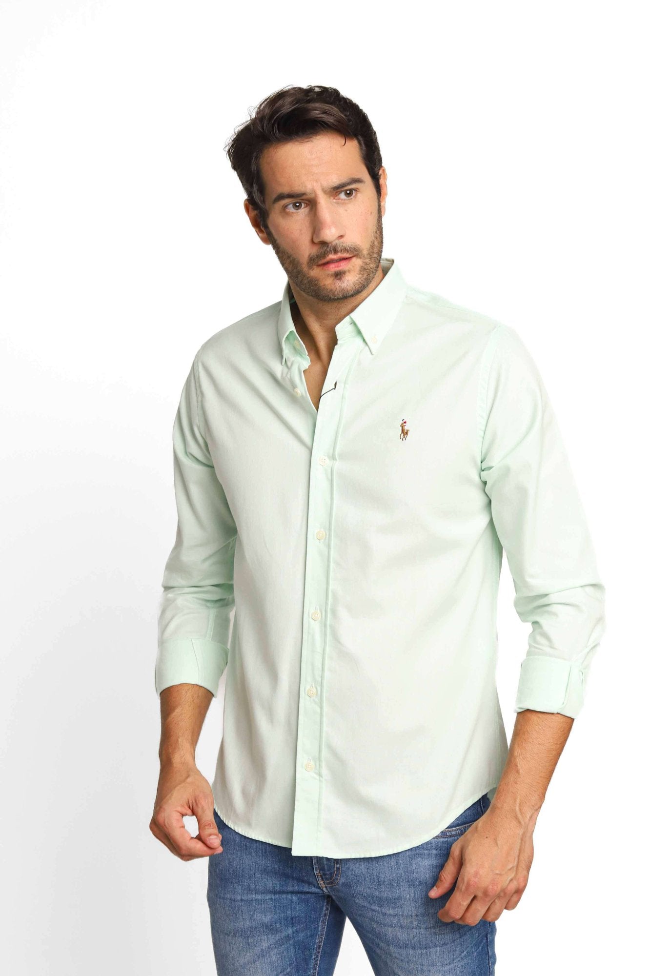 CAMISA RALPH LAUREN CUSTOM FIT - VERDE LISA COM PONEI COLORIDO