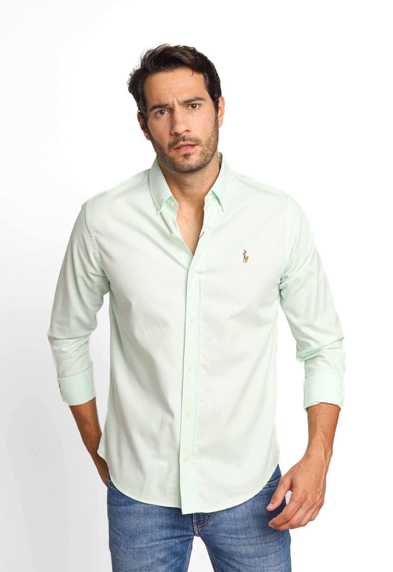 CAMISA RALPH LAUREN CUSTOM FIT - VERDE LISA COM PONEI COLORIDO