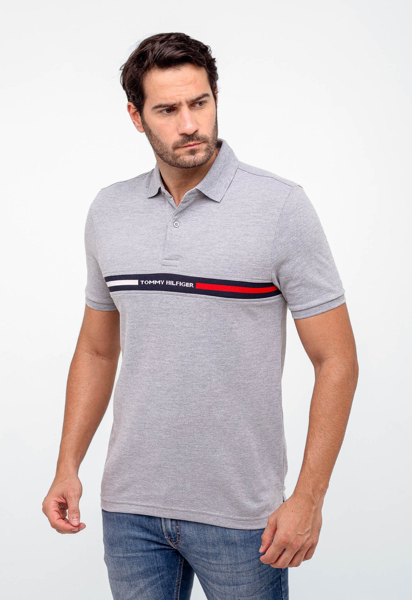 POLO TOMMY HILFIGER FAIXA PEITO - CINZA