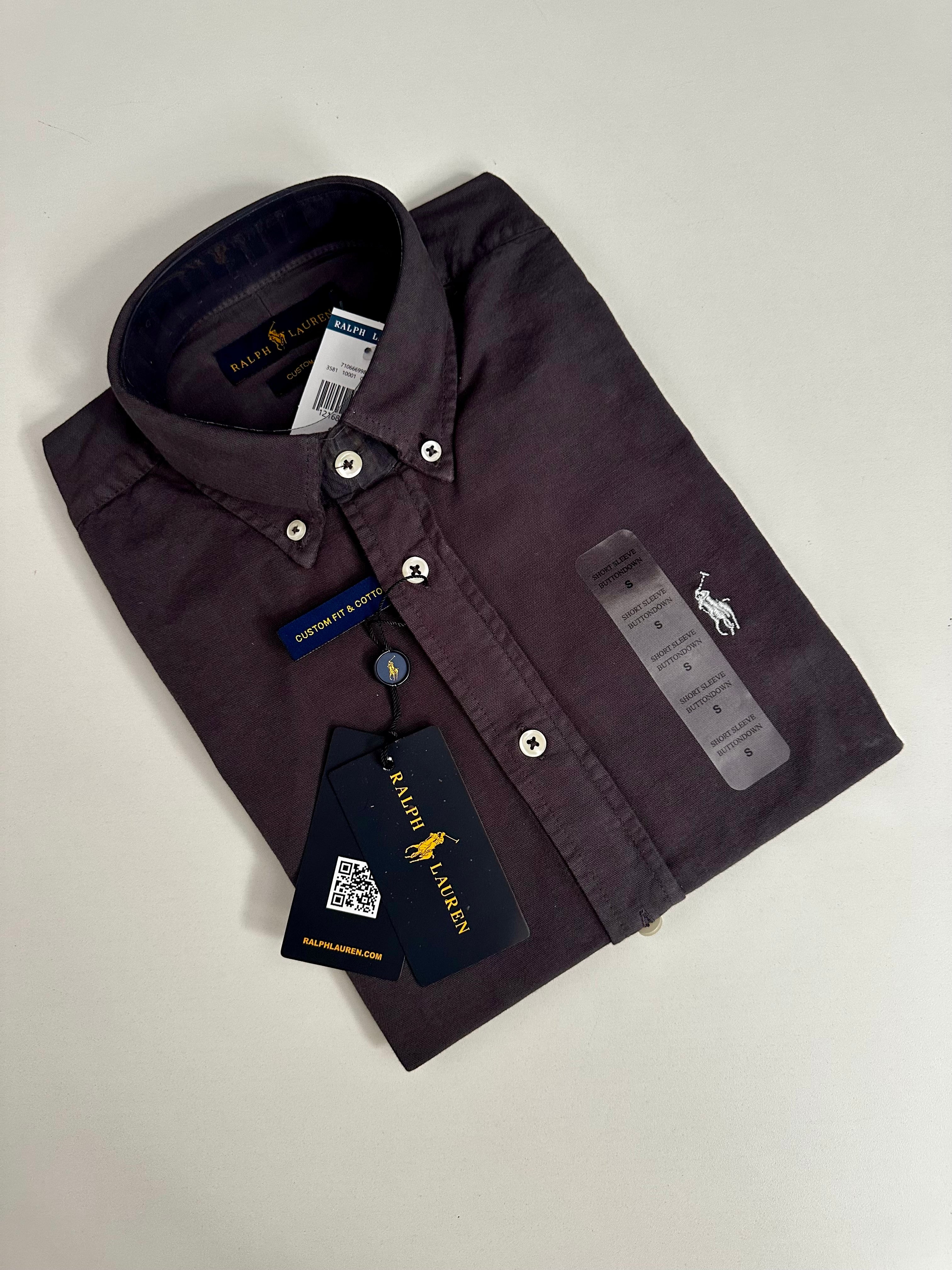 CAMISA RALPH LAUREN CUSTOM FIT  MANGA CURTA - CINZA COM PONEI BRANCO