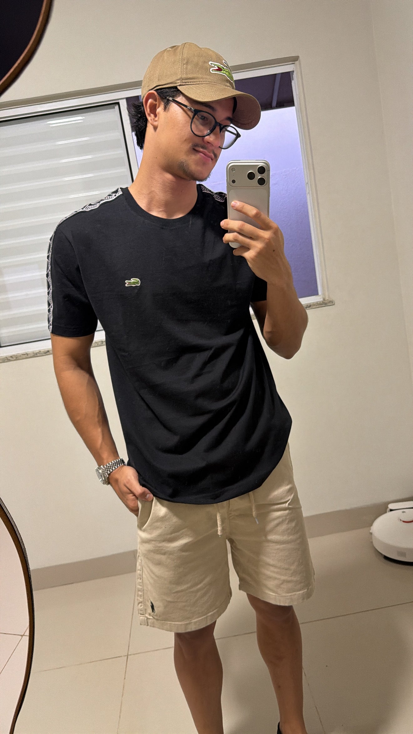 Camiseta Lacoste Detalhe Manga Peruana Pima - Preto