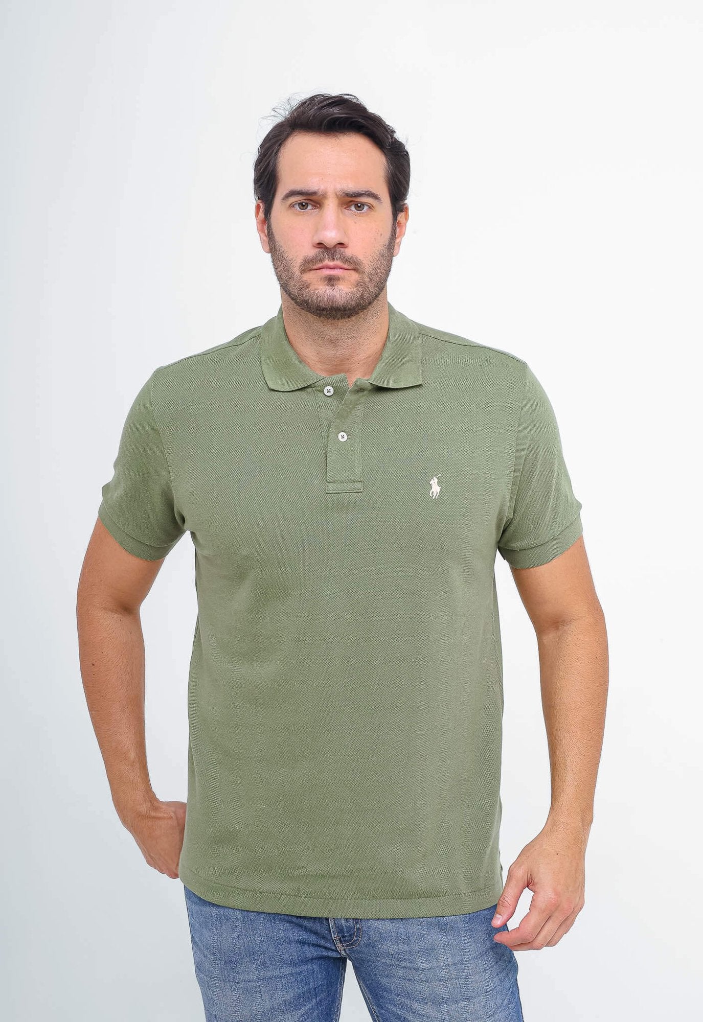 POLO RALPH LAUREN CUSTOM FIT - PONEY BRANCO - VERDE MUSGO