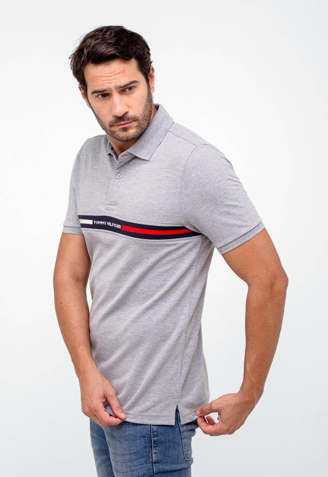 POLO TOMMY HILFIGER FAIXA PEITO - CINZA