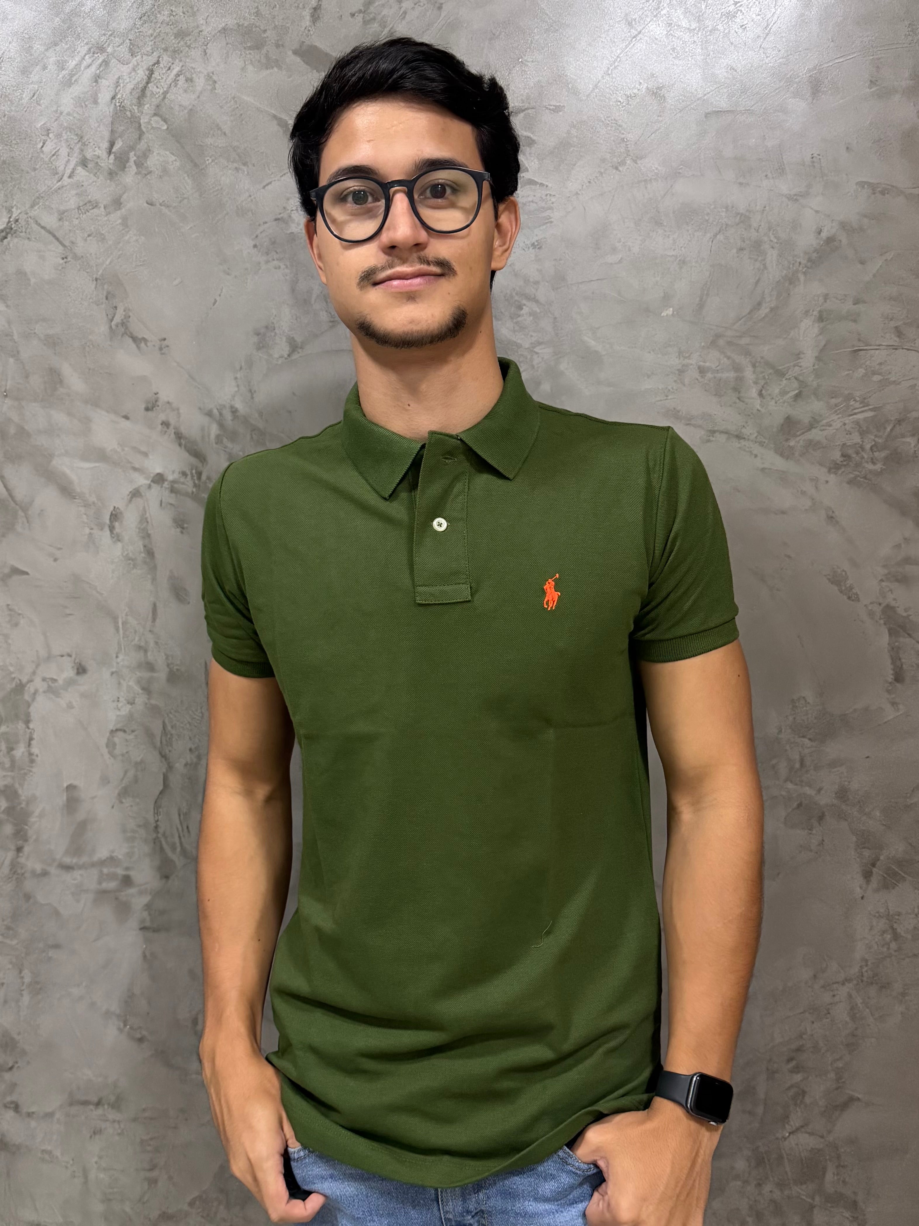 Polo Ralph Lauren Custom Fit - Poney Laranja - Verde Militar